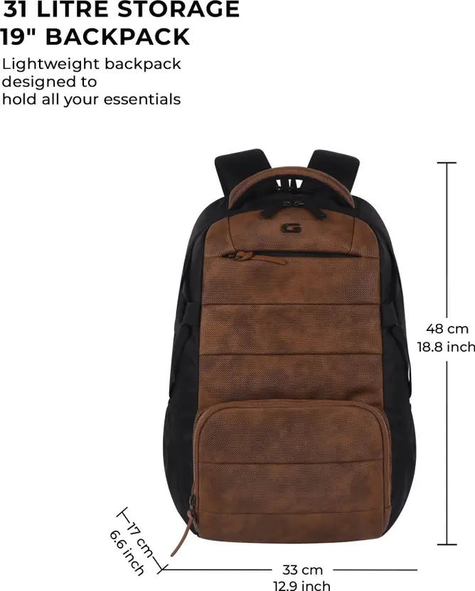 Gear Aspire 3 19"/31L Faux Leather Large Water Resistant Laptop Backpack | Casual Backpack | Daypack | Travel Backpack | College Bag For Men/Women(Tan - Black)